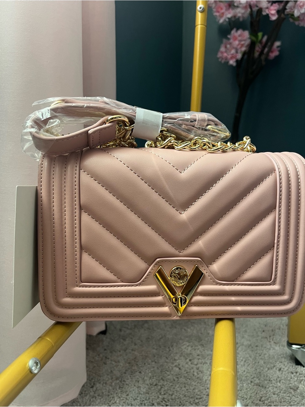 Valentino Orlandi Blush Pink Quilted Shoulder Bag with Gold Chain